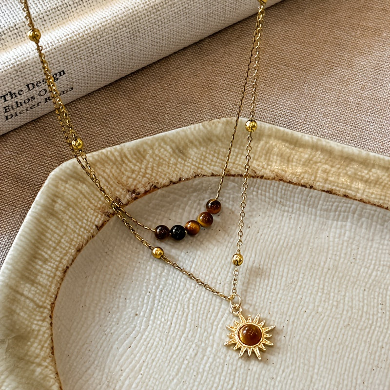 Colar Vintage de Girassol com Dupla Camada - Corrente Retro Elegante para Uso Diário e Looks de Inverno, Pingente de Girassol para Suéteres, Peça Aconchegante para Camadas