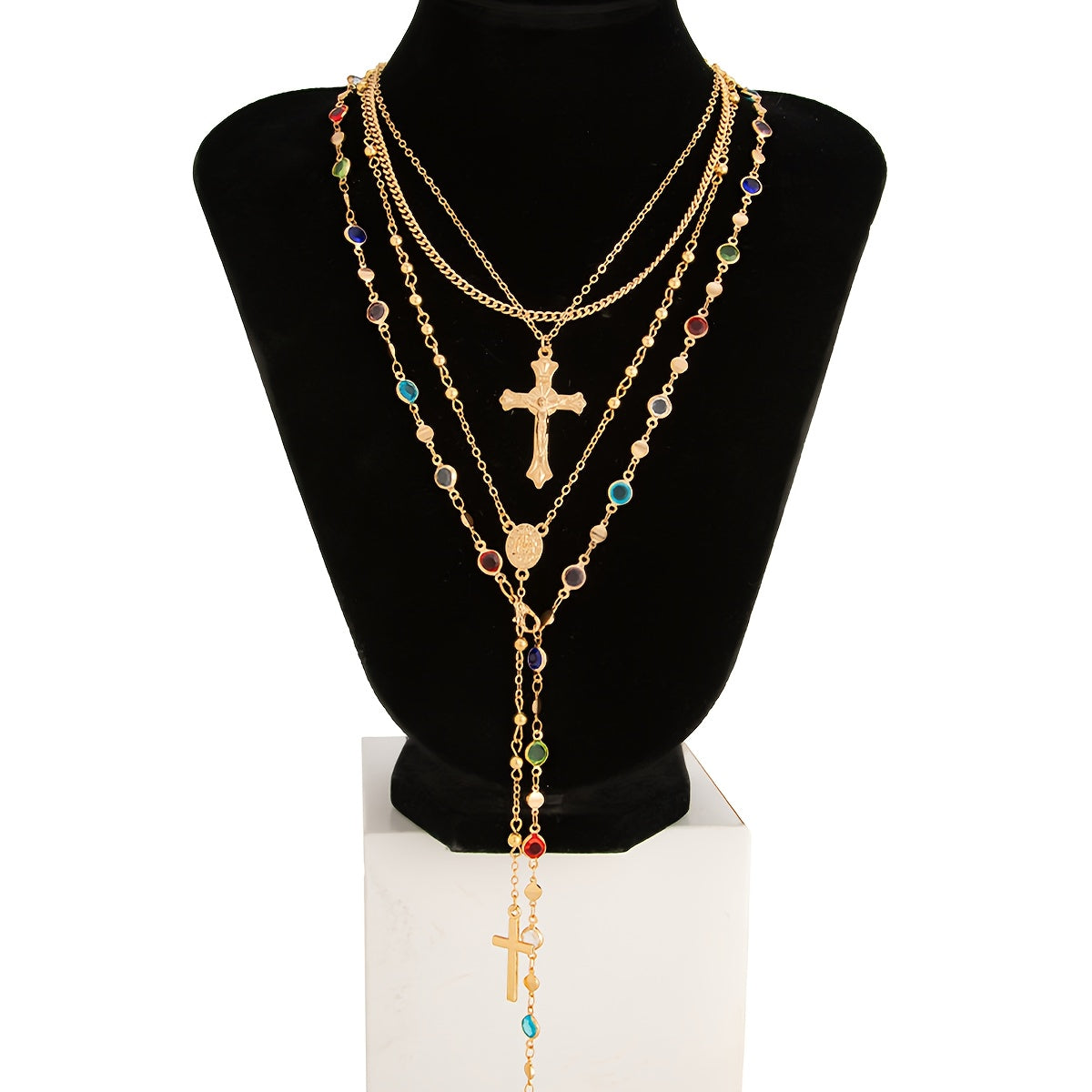 Conjunto de Colares de Cobre com 4 Peças - Estilo Ousado e Old Money com Padrões Geométricos Coloridos para Mulheres - Presente para Férias na Praia, Encontros, Festas, Jantares Noturnos e Uso Diário (Cores de Strass Aleatórias)