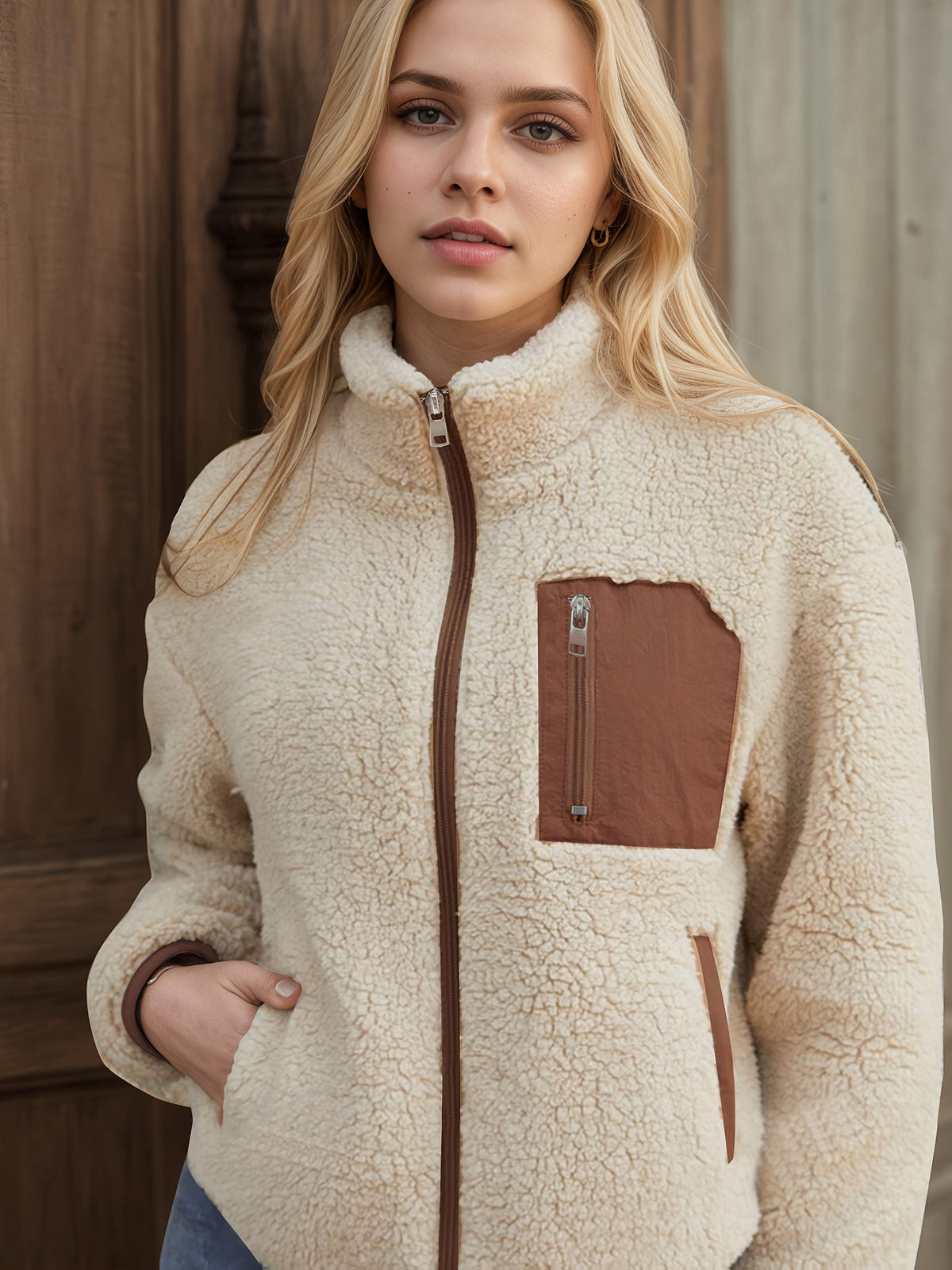 Casaco de peluche confortável para mulheres - Manga comprida casual com detalhes contrastantes, design de patchwork e fecho de botão, perfeito para o outono/inverno, roupa exterior casual | Casaco de peluche | Casaco com fecho de correr