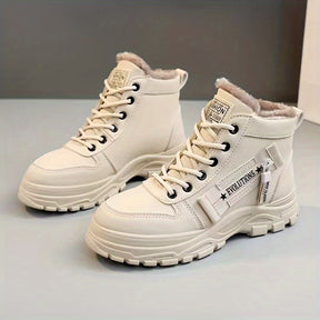 Botas de Inverno Femininas - Fecho Slip-On/Lace-Up, Palmilha Acolchoada e Sola de Borracha Antiderrapante - Sapatos para Todas as Estações e Clima Frio - Preto/Branco - Botas YTMLDY Femininas para Uso Diário, Eventos Formais - Parte Superior em Tecido Fácil de Limpar - Calçado de Inverno Leve e Quente