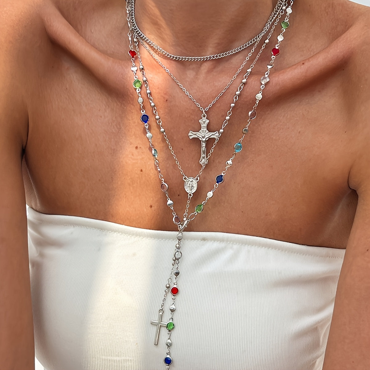 Conjunto de Colares de Cobre com 4 Peças - Estilo Ousado e  Old Money com Padrões Geométricos Coloridos para Mulheres - Presente para Férias na Praia, Encontros, Festas, Jantares Noturnos e Uso Diário (Cores de Strass Aleatórias)