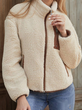 Casaco de peluche confortável para mulheres - Manga comprida casual com detalhes contrastantes, design de patchwork e fecho de botão, perfeito para o outono/inverno, roupa exterior casual | Casaco de peluche | Casaco com fecho de correr