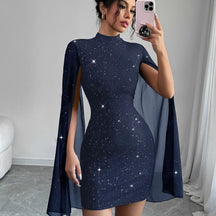 Elegant Black Bodycon Dress with Sheer Cape Sleeves