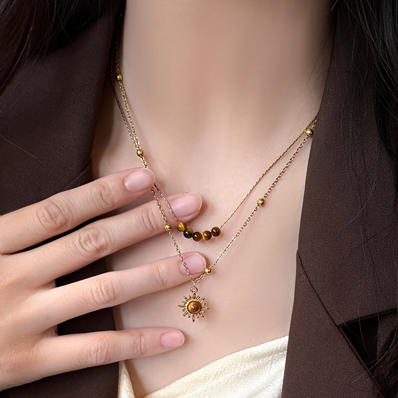 Colar Vintage de Girassol com Dupla Camada - Corrente Retro Elegante para Uso Diário e Looks de Inverno, Pingente de Girassol para Suéteres, Peça Aconchegante para Camadas