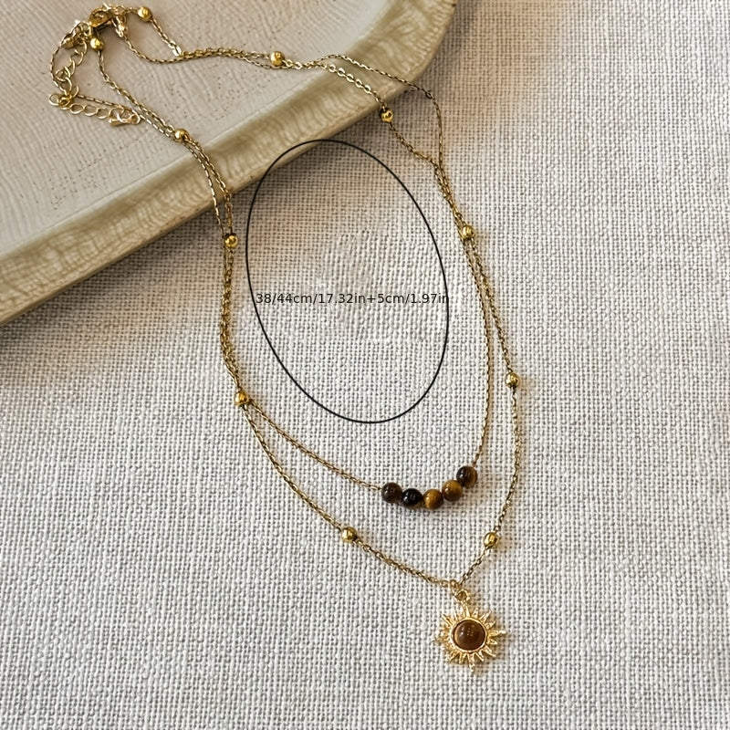 Colar Vintage de Girassol com Dupla Camada - Corrente Retro Elegante para Uso Diário e Looks de Inverno, Pingente de Girassol para Suéteres, Peça Aconchegante para Camadas