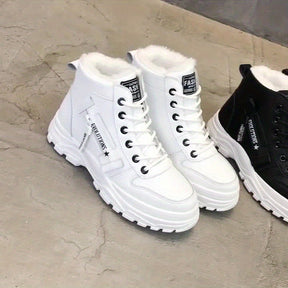 Botas de Inverno Femininas - Fecho Slip-On/Lace-Up, Palmilha Acolchoada e Sola de Borracha Antiderrapante - Sapatos para Todas as Estações e Clima Frio - Preto/Branco - Botas YTMLDY Femininas para Uso Diário, Eventos Formais - Parte Superior em Tecido Fácil de Limpar - Calçado de Inverno Leve e Quente