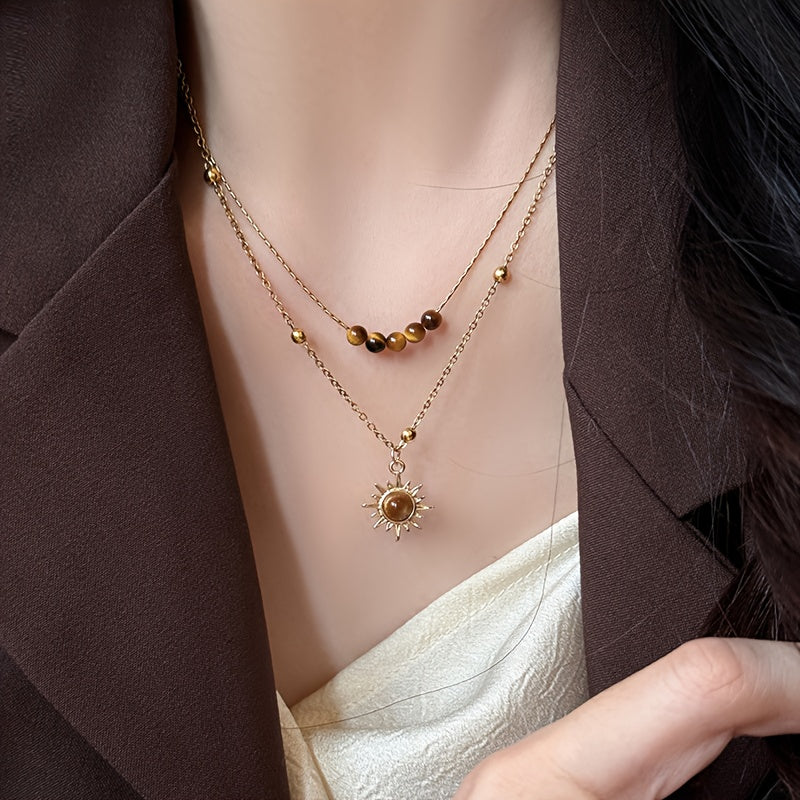 Colar Vintage de Girassol com Dupla Camada - Corrente Retro Elegante para Uso Diário e Looks de Inverno, Pingente de Girassol para Suéteres, Peça Aconchegante para Camadas