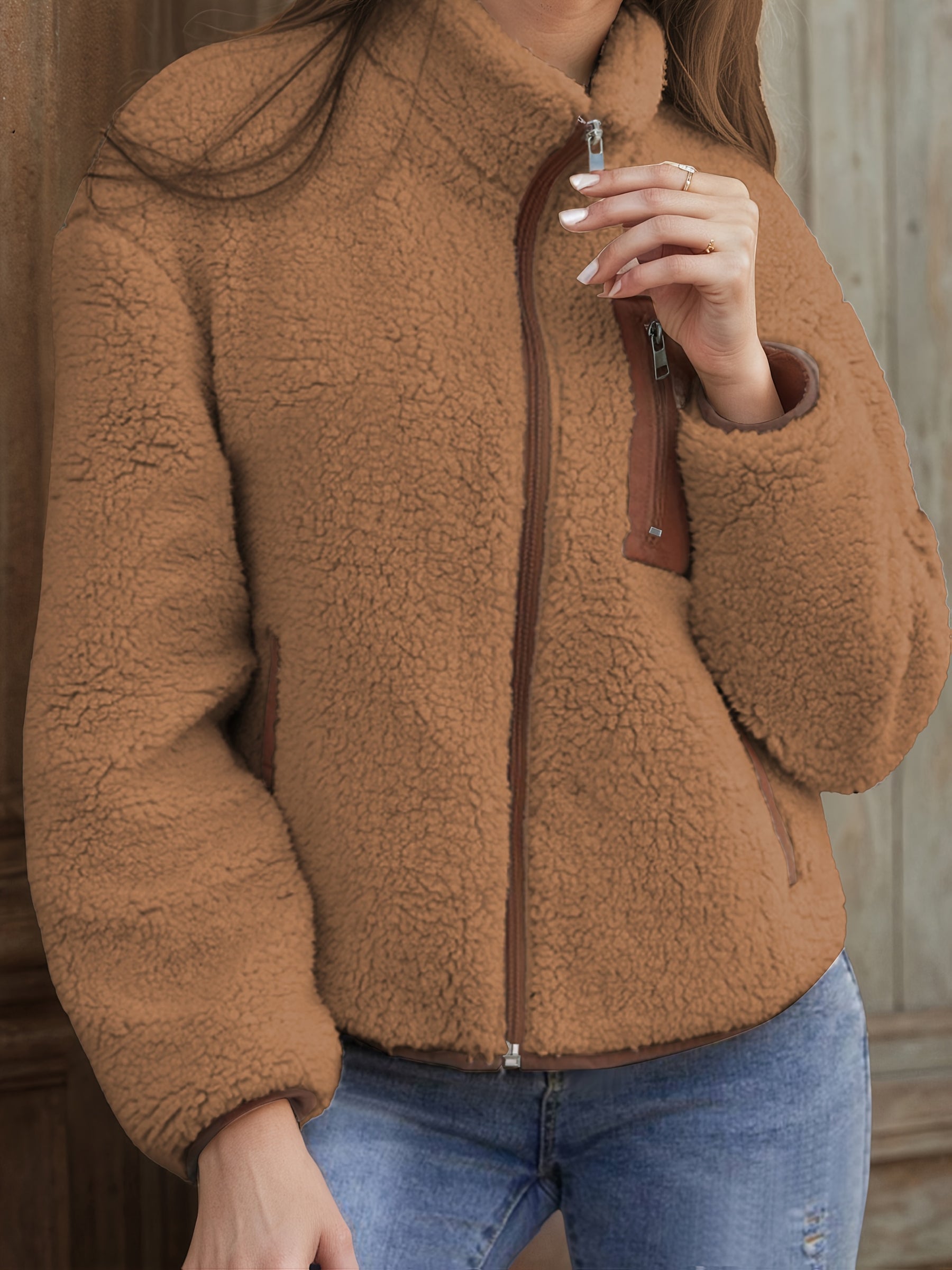 Casaco de peluche confortável para mulheres - Manga comprida casual com detalhes contrastantes, design de patchwork e fecho de botão, perfeito para o outono/inverno, roupa exterior casual | Casaco de peluche | Casaco com fecho de correr