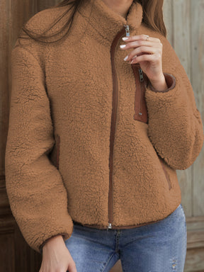 Casaco de peluche confortável para mulheres - Manga comprida casual com detalhes contrastantes, design de patchwork e fecho de botão, perfeito para o outono/inverno, roupa exterior casual | Casaco de peluche | Casaco com fecho de correr