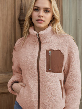 Casaco de peluche confortável para mulheres - Manga comprida casual com detalhes contrastantes, design de patchwork e fecho de botão, perfeito para o outono/inverno, roupa exterior casual | Casaco de peluche | Casaco com fecho de correr