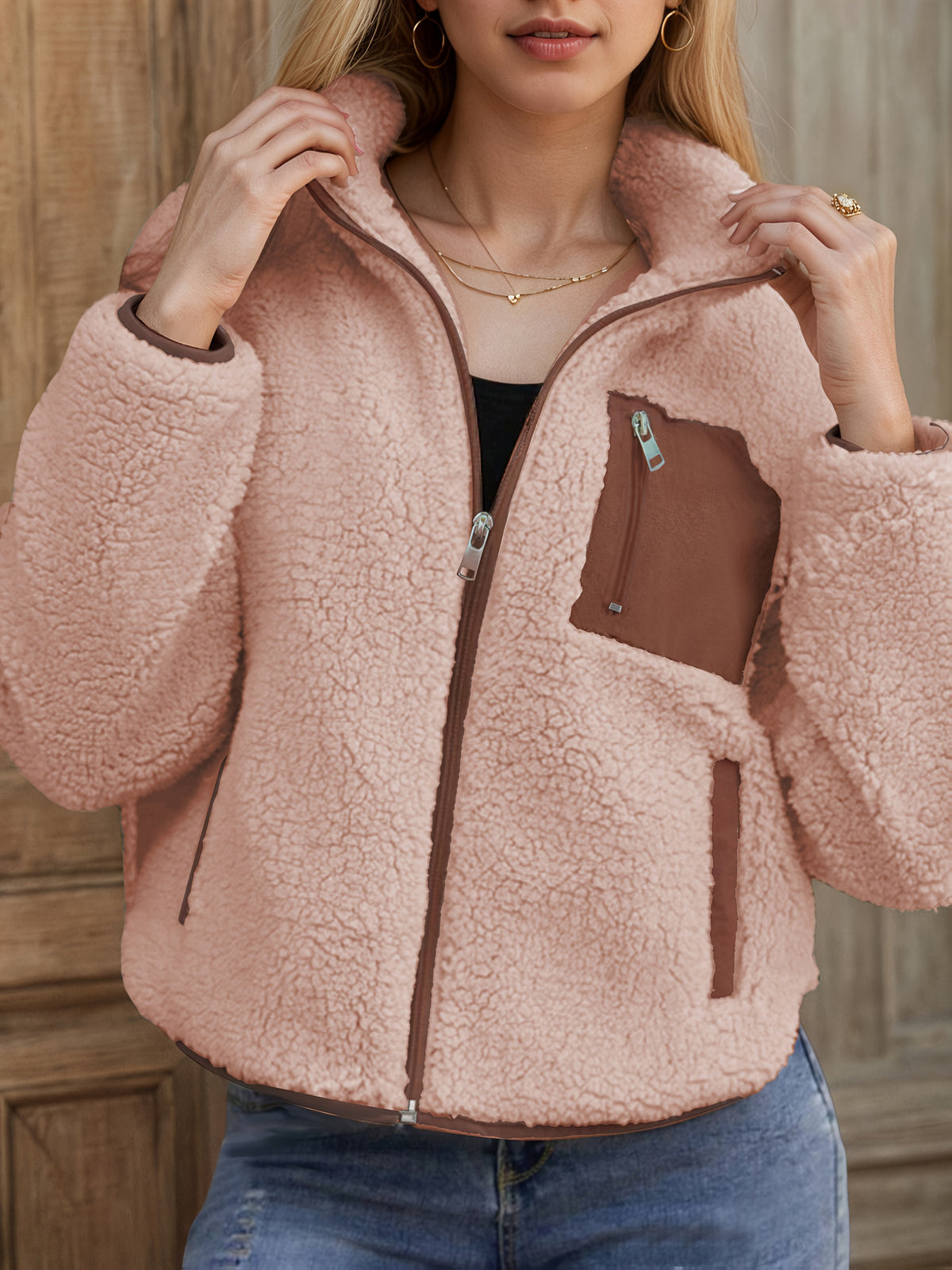 Casaco de peluche confortável para mulheres - Manga comprida casual com detalhes contrastantes, design de patchwork e fecho de botão, perfeito para o outono/inverno, roupa exterior casual | Casaco de peluche | Casaco com fecho de correr