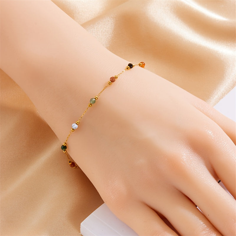 Uma Nova Tendência Minimalista na Joalharia Feminina, Este Pulseira de Aço Inoxidável Apresenta Contas Coloridas e um Extremo Dourado Durável, Tornando-a um Presente Perfeito